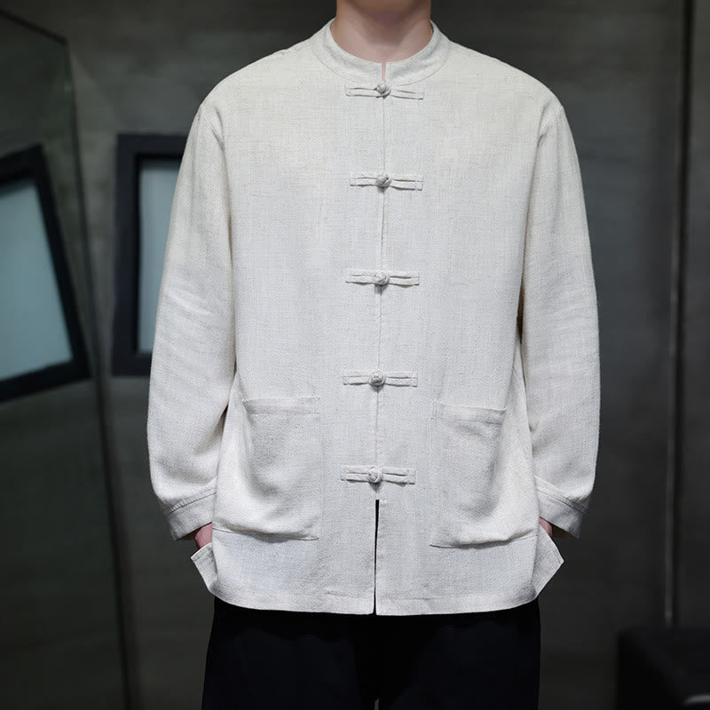 Nimara Ritual Casual Plain Color Frog-button Linen Men's Jacket Shirt With Pockets