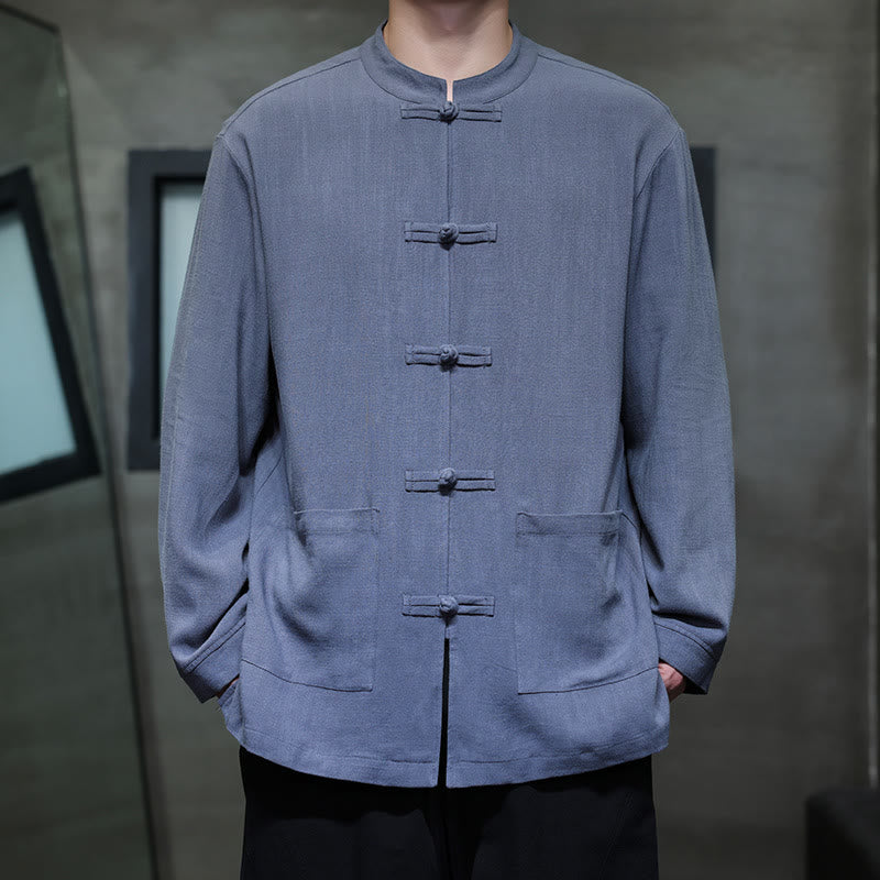 Nimara Ritual Casual Plain Color Frog-button Linen Men's Jacket Shirt With Pockets
