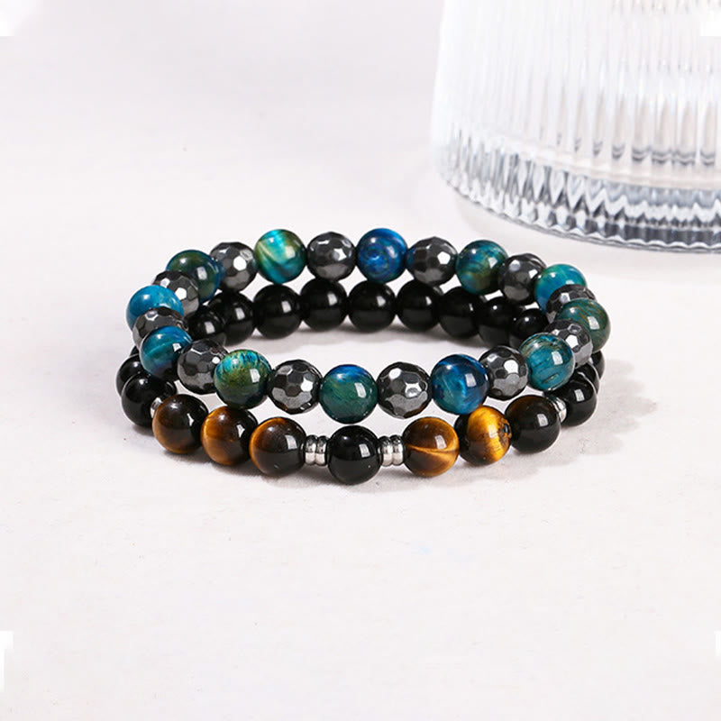 Nimara Ritual 2Pcs Hematite Tiger Eye Blue Tiger Eye Powerful Bracelet Set