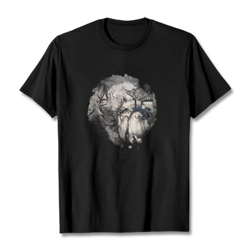 Nimara Ritual Chinese Bamboo Mountain Pavilion Design Pattern Tee T-shirt