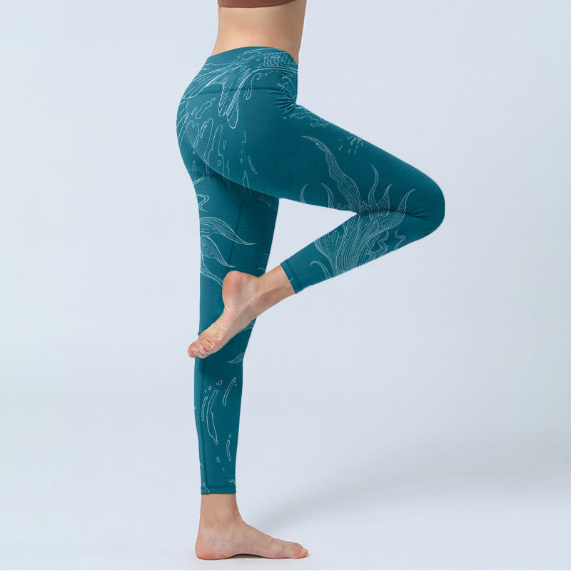 Nimara Ritual Blue Koi Fish Flowing Waves Print Gym Leggings Women's Yoga Pants