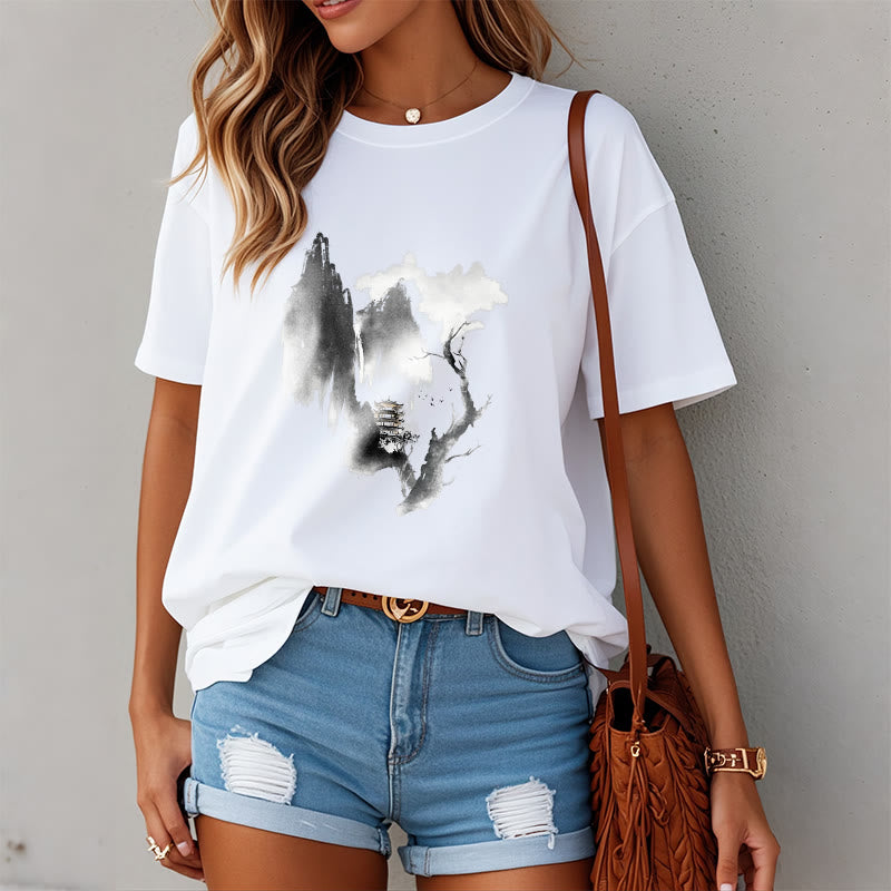 Nimara Ritual Pavilion Tree Geese Around The Mountains Pattern Tee T-shirt