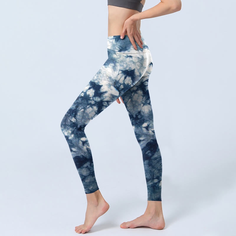 Nimara Ritual Blue Lily Flowers Watercolor Texture Print Gym Leggings Women's Yoga Pants