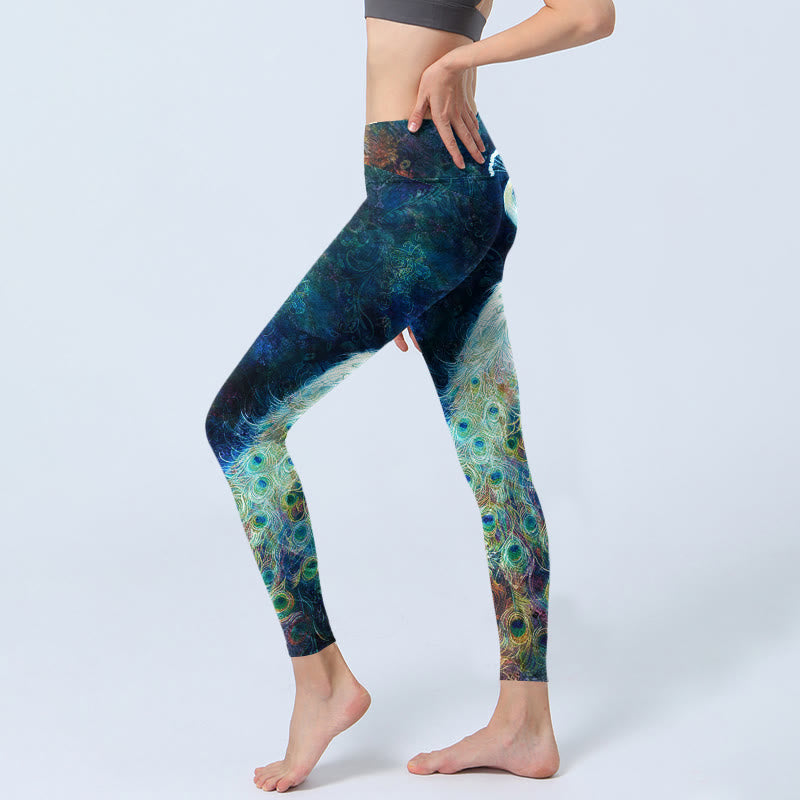 Nimara Ritual Blue Peacock Colorful Feathers Print Gym Leggings Women's Yoga Pants