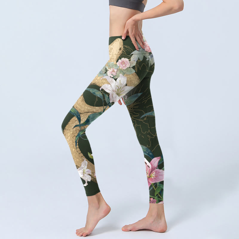Nimara Ritual Green Golden Snake Lily Peony Flowers Print Gym Leggings Women's Yoga Pants