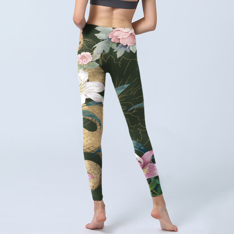 Nimara Ritual Green Golden Snake Lily Peony Flowers Print Gym Leggings Women's Yoga Pants