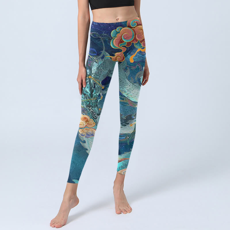 Nimara Ritual Blue Dragon Auspicious Clouds Print Gym Leggings Women's Yoga Pants