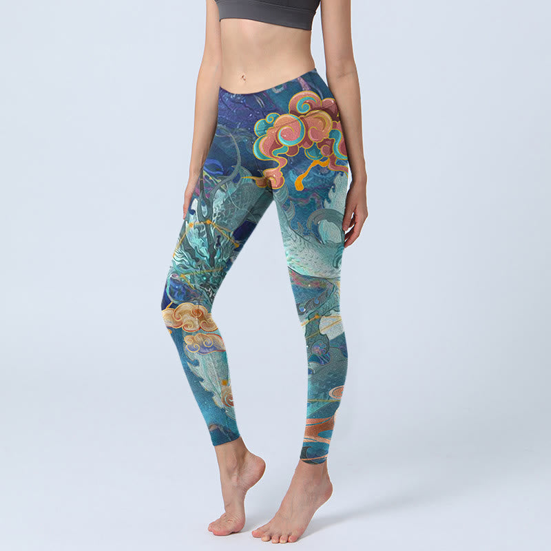 Nimara Ritual Blue Dragon Auspicious Clouds Print Gym Leggings Women's Yoga Pants