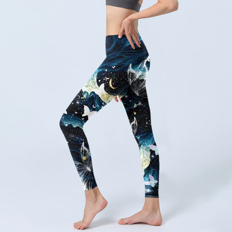Nimara Ritual Blue Butterfly Water Waves Moon Print Gym Leggings Women's Yoga Pants