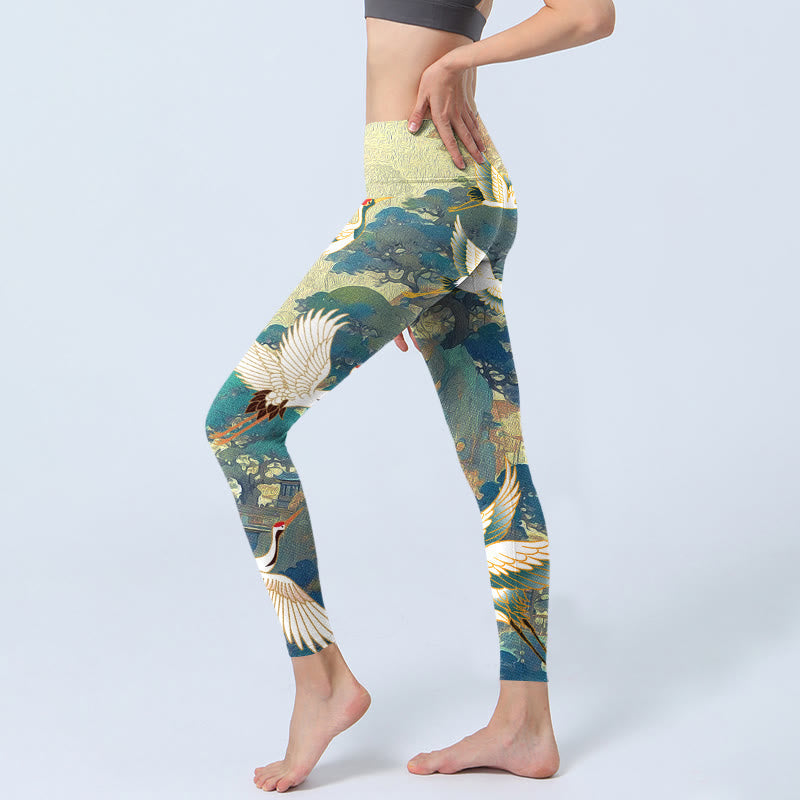 Nimara Ritual Blue Red-crowned Crane Pine Tree Print Gym Leggings Women's Yoga Pants