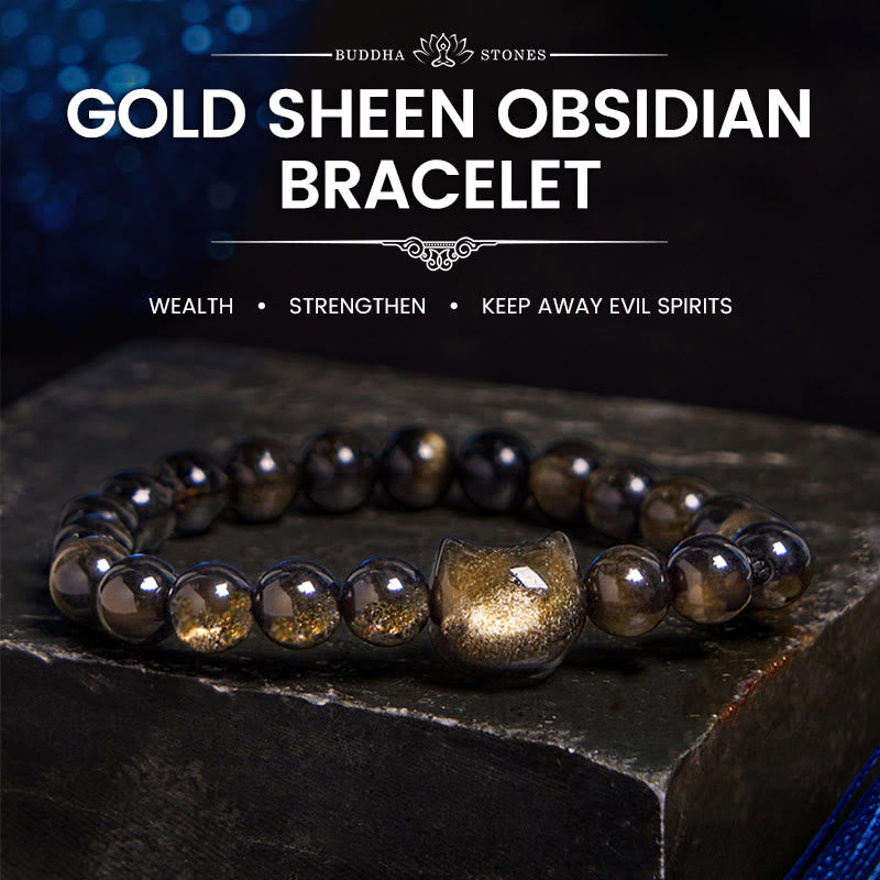 Nimara Ritual Gold Sheen Obsidian Silver Sheen Obsidian Lovely Paw Lucky Cat Protection Bracelet