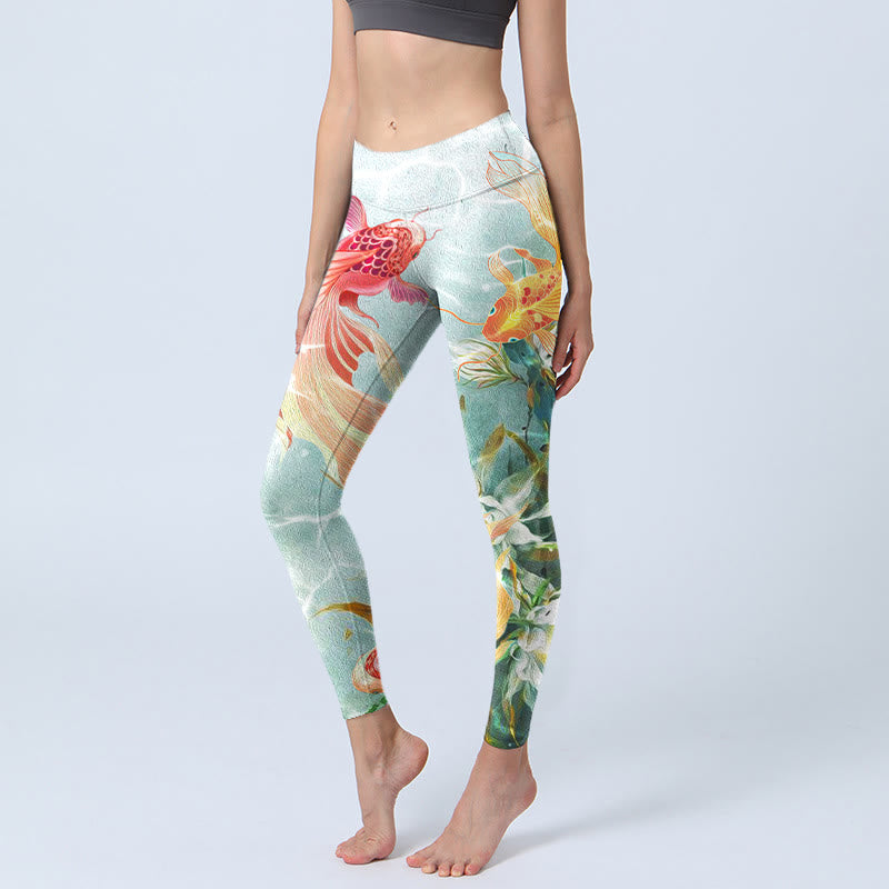 Nimara Ritual Green Koi Fish White Lotus Water Ripples Print Gym Leggings Women's Yoga Pants