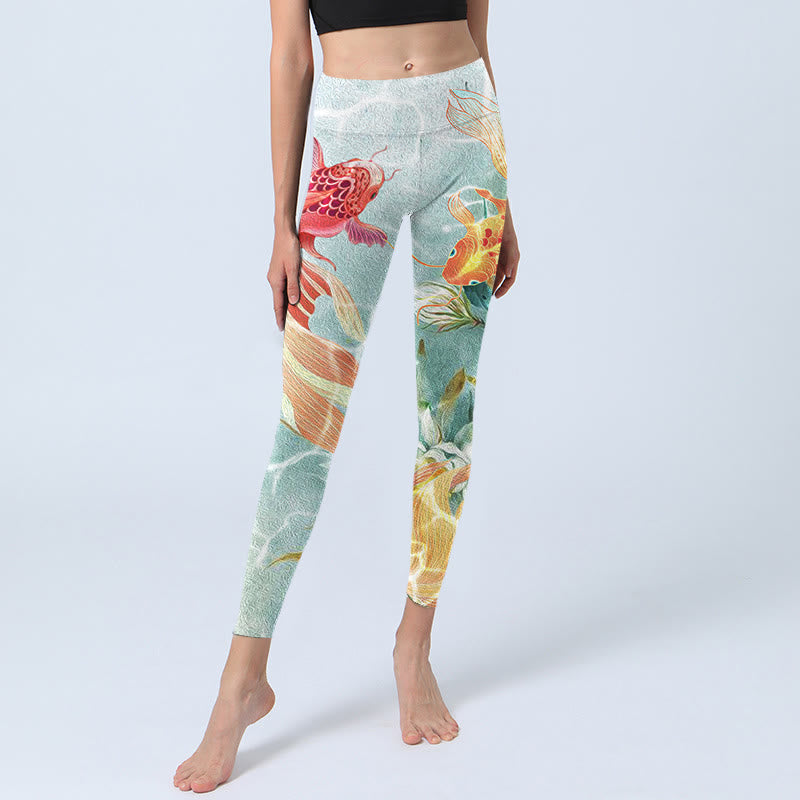 Nimara Ritual Green Koi Fish White Lotus Water Ripples Print Gym Leggings Women's Yoga Pants