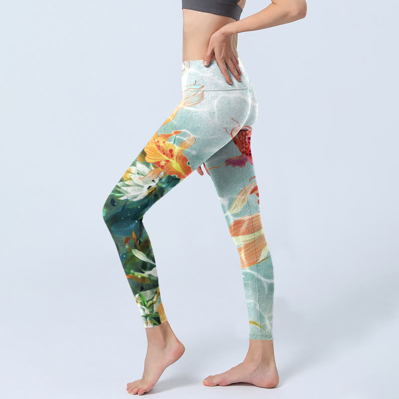 Nimara Ritual Green Koi Fish White Lotus Water Ripples Print Gym Leggings Women's Yoga Pants
