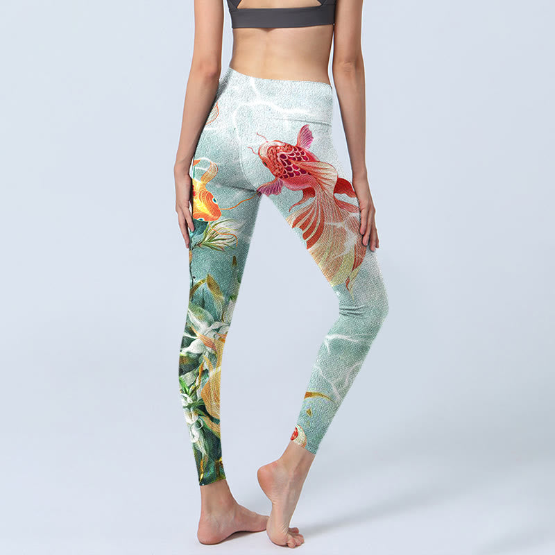 Nimara Ritual Green Koi Fish White Lotus Water Ripples Print Gym Leggings Women's Yoga Pants