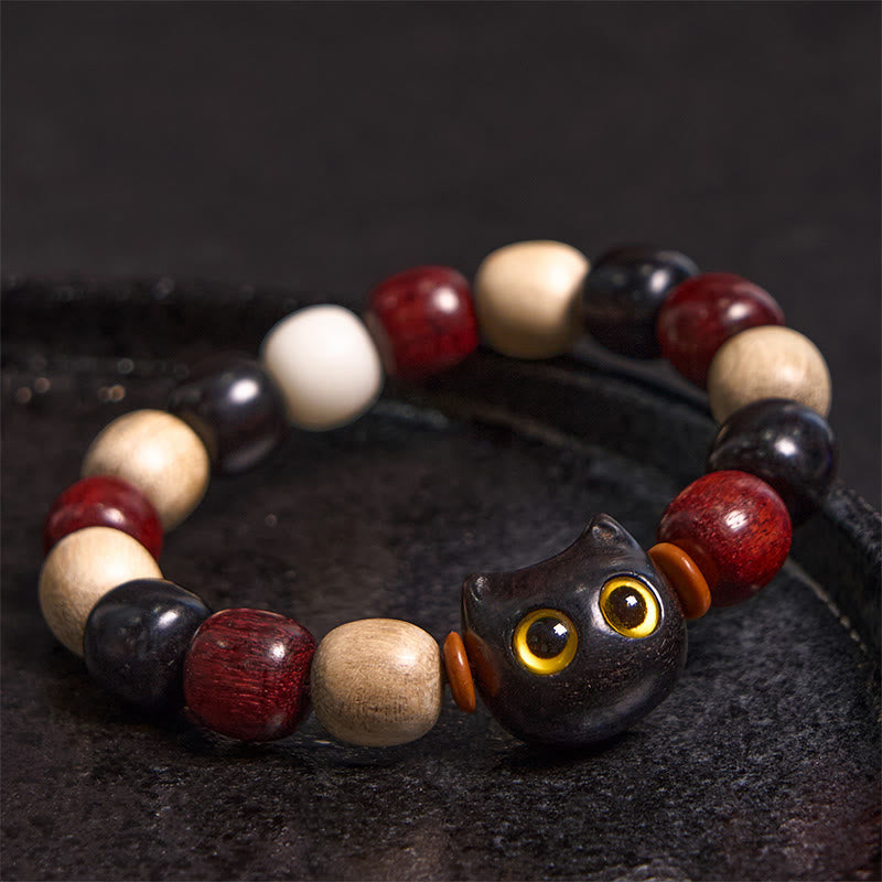 Nimara Ritual Small Leaf Red Sandalwood Ebony Wood Cute Cat Engraved Protection Bracelet