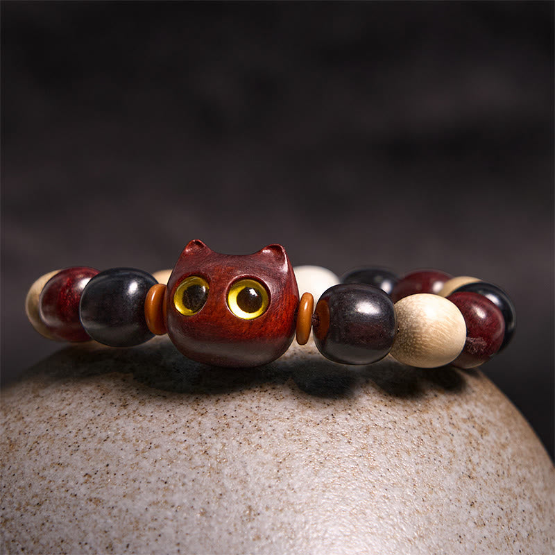 Nimara Ritual Small Leaf Red Sandalwood Ebony Wood Cute Cat Engraved Protection Bracelet