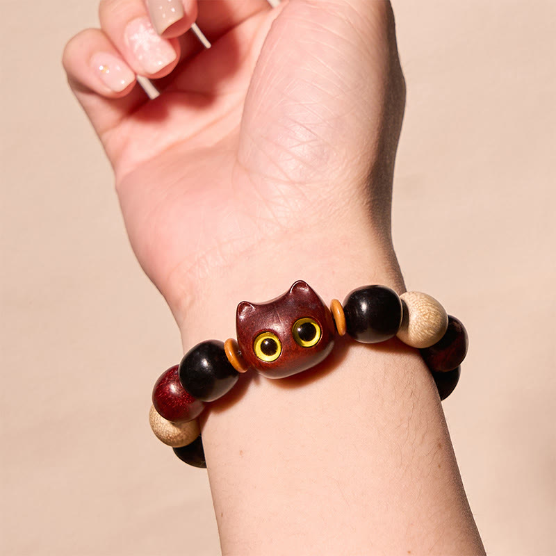 Nimara Ritual Small Leaf Red Sandalwood Ebony Wood Cute Cat Engraved Protection Bracelet
