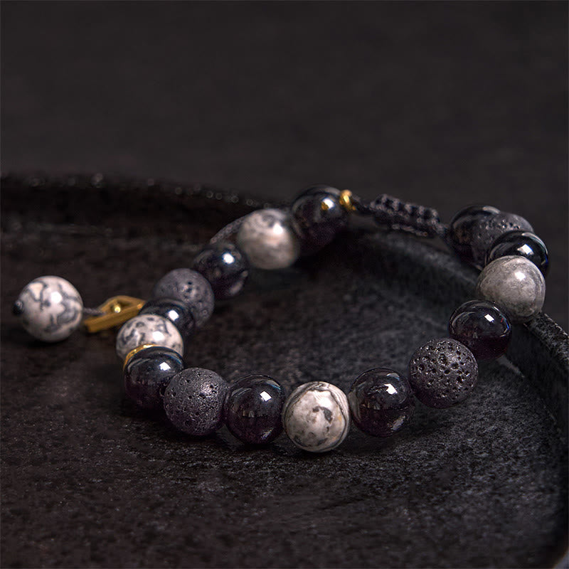 Nimara Ritual Black Obsidian Lava Rock Stone Yin Yang Strength Bracelet