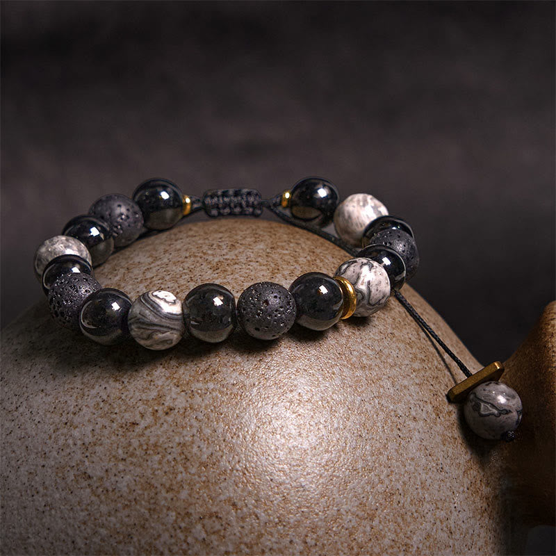 Nimara Ritual Black Obsidian Lava Rock Stone Yin Yang Strength Bracelet