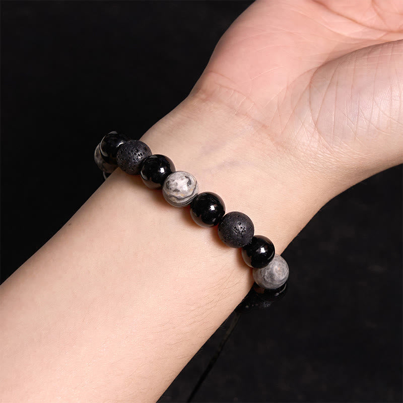 Nimara Ritual Black Obsidian Lava Rock Stone Yin Yang Strength Bracelet