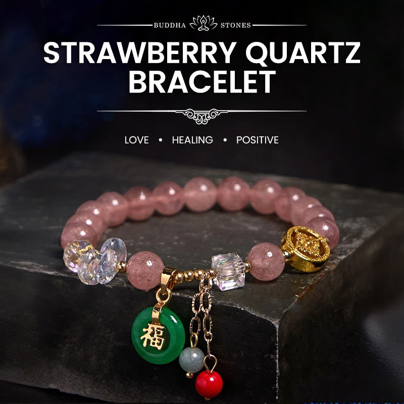 Nimara Ritual Strawberry Quartz Jade Fu Character Charm Healing Bracelet