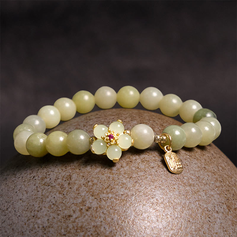 Nimara Ritual Green Jade Flower Fu Character Charm Luck Bracelet