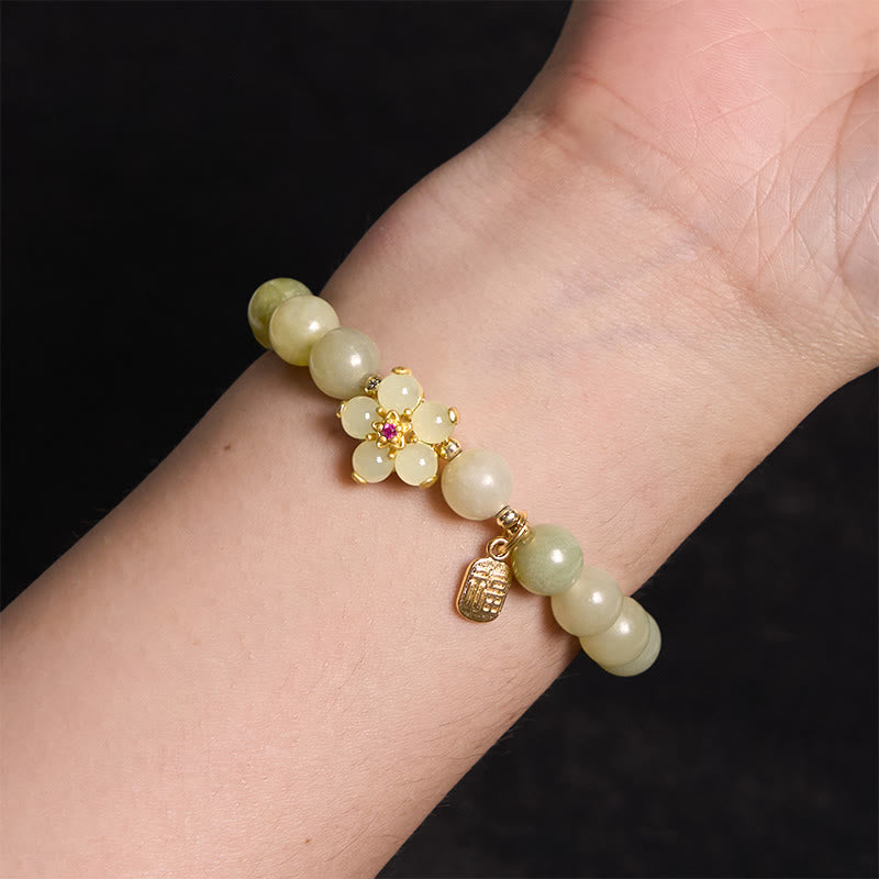 Nimara Ritual Green Jade Flower Fu Character Charm Luck Bracelet