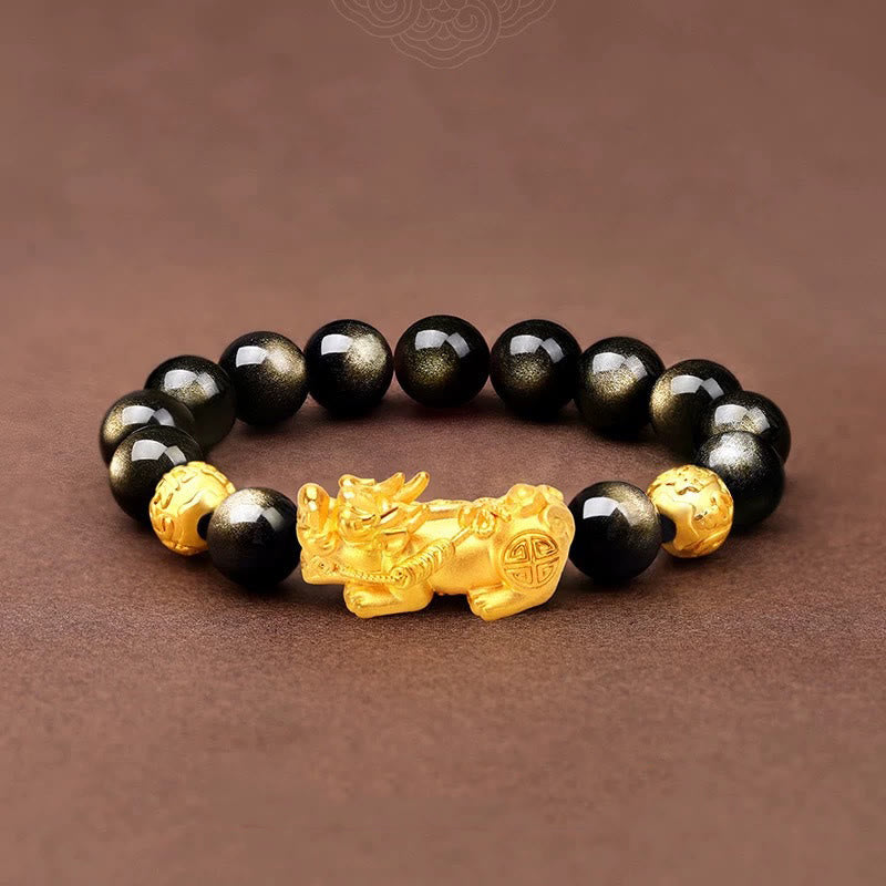 Nimara Ritual Natural Gold Sheen Obsidian PiXiu Om Mani Padme Hum Wealth Bracelet