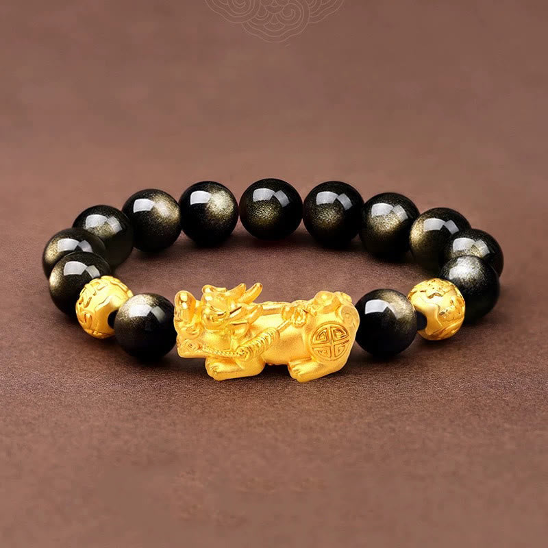 Nimara Ritual Natural Gold Sheen Obsidian PiXiu Om Mani Padme Hum Wealth Bracelet