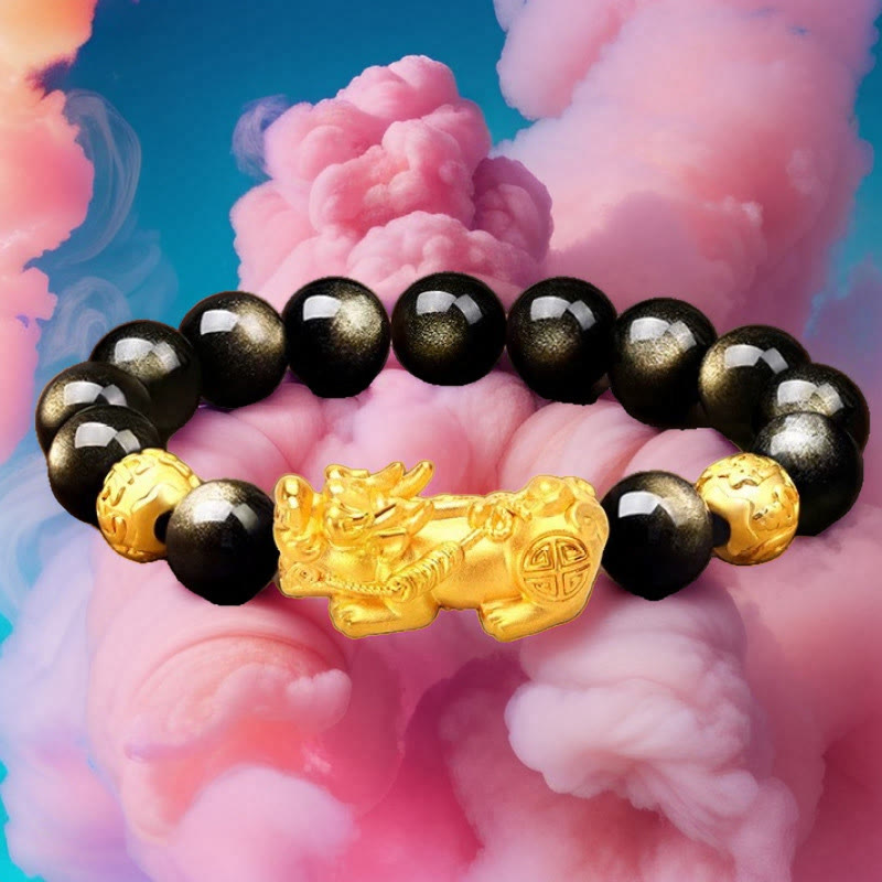 Nimara Ritual Natural Gold Sheen Obsidian PiXiu Om Mani Padme Hum Wealth Bracelet