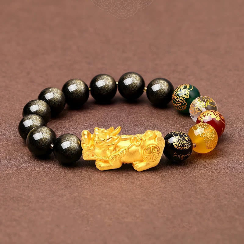 Nimara Ritual Natural Gold Sheen Obsidian PiXiu Five Directions Gods of Wealth Protection Bracelet