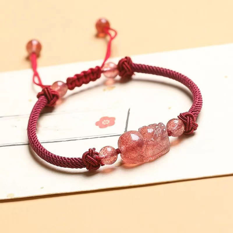 Nimara Ritual Natural Strawberry Quartz PiXiu Red String Braided Protection Bracelet