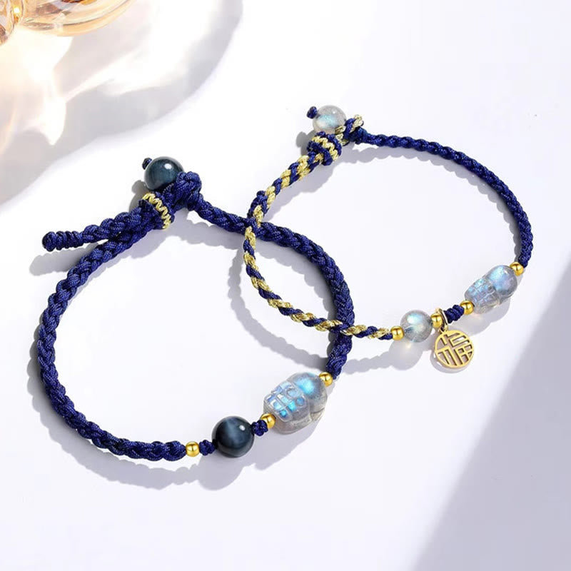 Nimara Ritual Moonstone PiXiu Blue Tiger Eye Fu Character Healing Couple String Bracelet