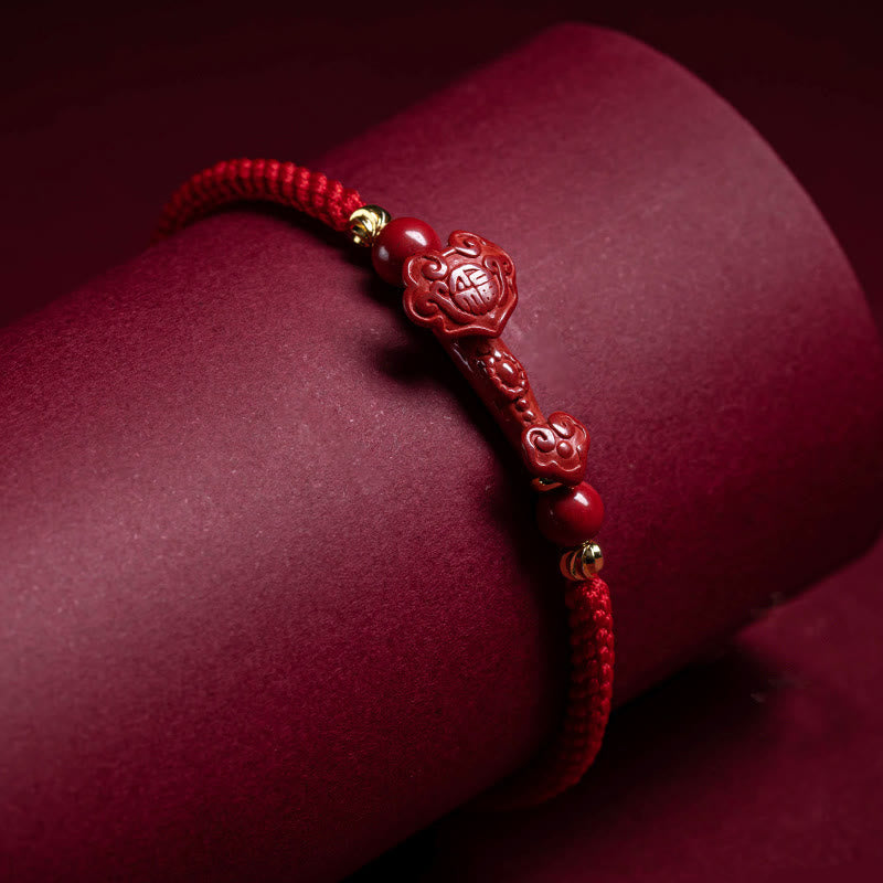 Nimara Ritual Handmade Cinnabar Ruyi Handle Fu Character PiXiu Blessing Red String Braided Bracelet