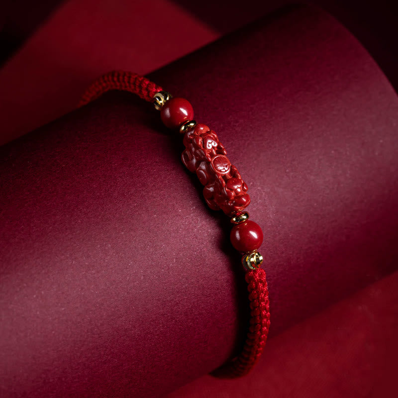 Nimara Ritual Handmade Cinnabar Ruyi Handle Fu Character PiXiu Blessing Red String Braided Bracelet
