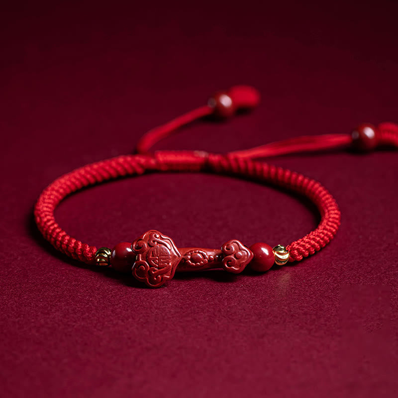 Nimara Ritual Handmade Cinnabar Ruyi Handle Fu Character PiXiu Blessing Red String Braided Bracelet