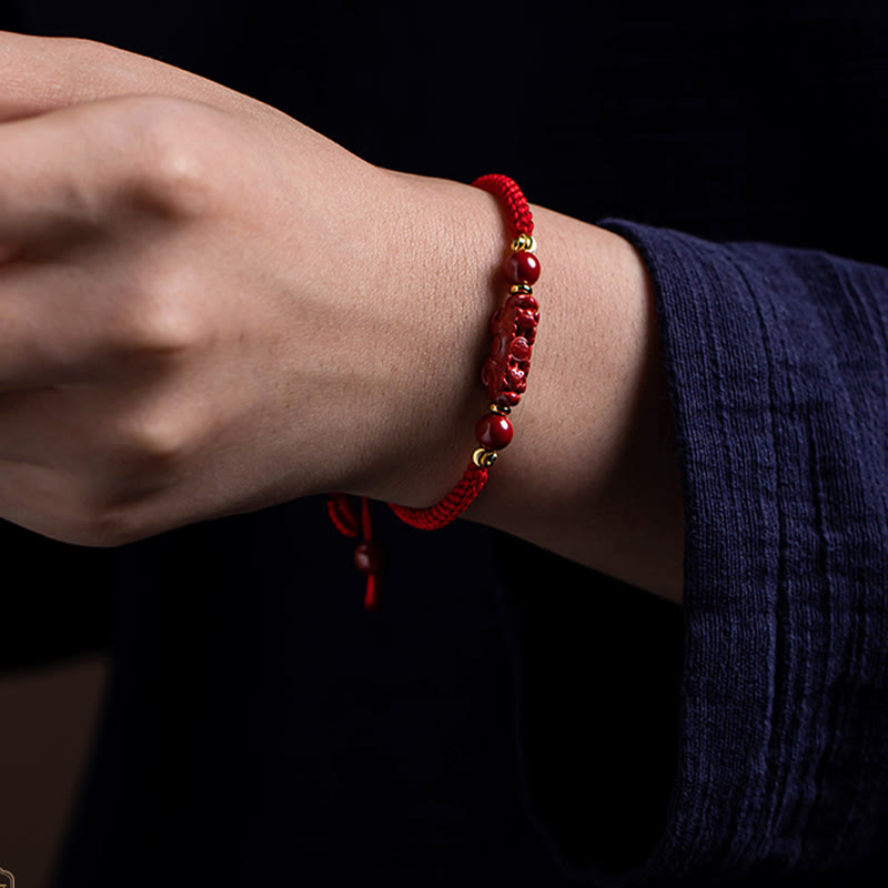 Nimara Ritual Handmade Cinnabar Ruyi Handle Fu Character PiXiu Blessing Red String Braided Bracelet
