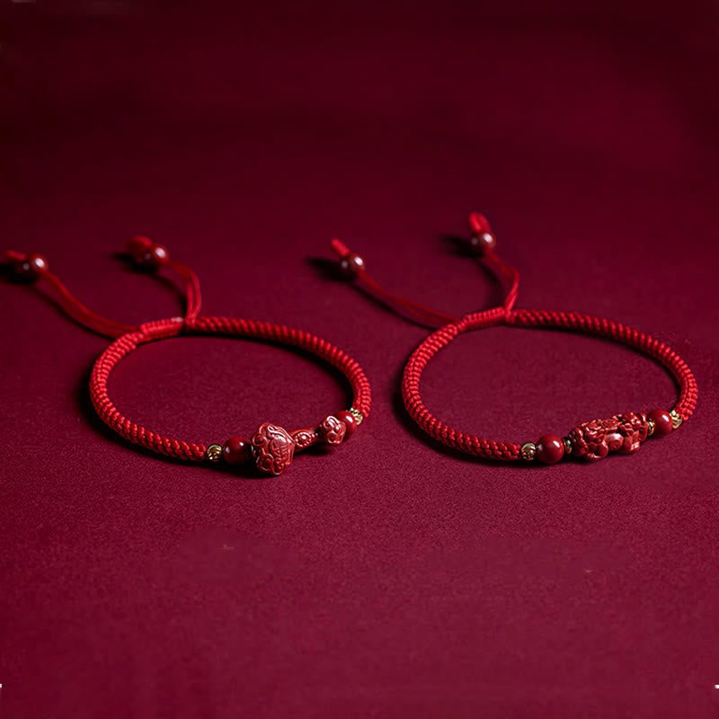 Nimara Ritual Handmade Cinnabar Ruyi Handle Fu Character PiXiu Blessing Red String Braided Bracelet