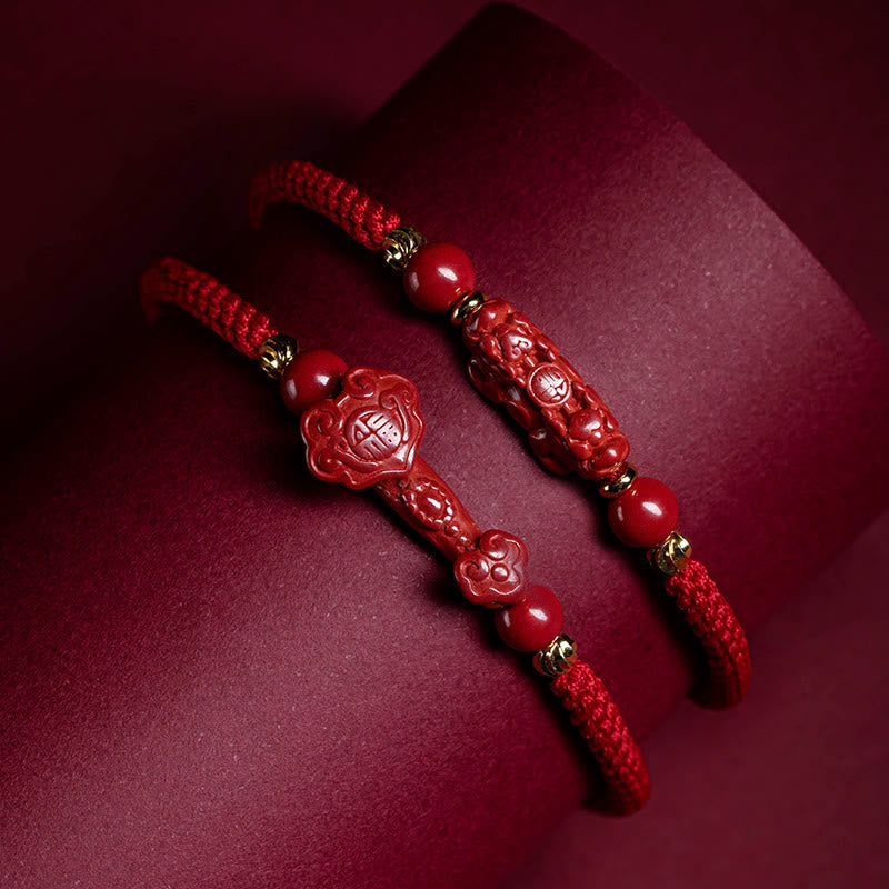 Nimara Ritual Handmade Cinnabar Ruyi Handle Fu Character PiXiu Blessing Red String Braided Bracelet