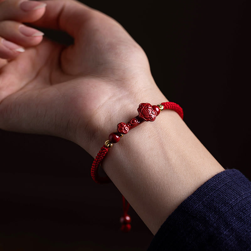 Nimara Ritual Handmade Cinnabar Ruyi Handle Fu Character PiXiu Blessing Red String Braided Bracelet