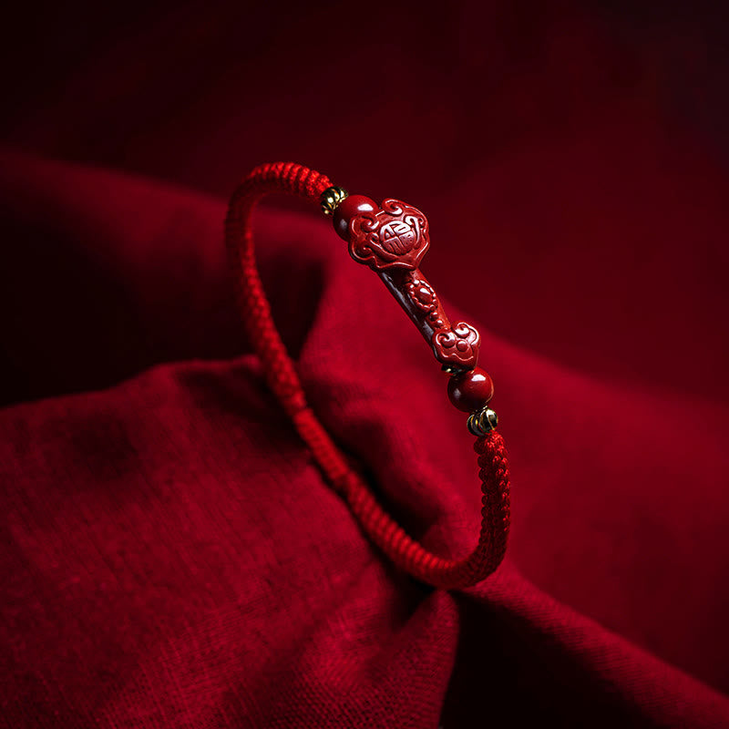 Nimara Ritual Handmade Cinnabar Ruyi Handle Fu Character PiXiu Blessing Red String Braided Bracelet