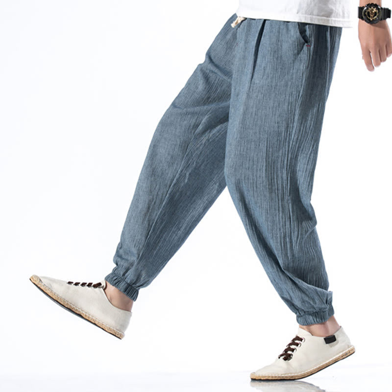 Nimara Ritual Casual Solid Color Drawstring Linen Men's Pants With Pockets