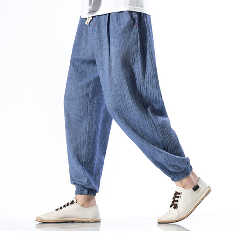 Nimara Ritual Casual Solid Color Drawstring Linen Men's Pants With Pockets
