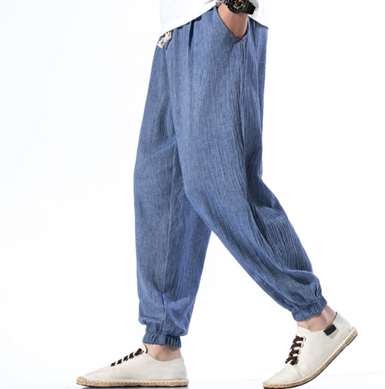 Nimara Ritual Casual Solid Color Drawstring Linen Men's Pants With Pockets