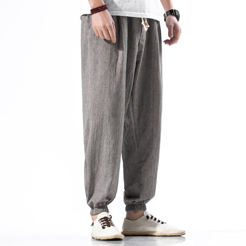 Nimara Ritual Casual Solid Color Drawstring Linen Men's Pants With Pockets