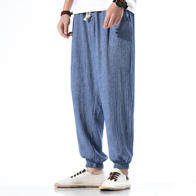 Nimara Ritual Casual Solid Color Drawstring Linen Men's Pants With Pockets