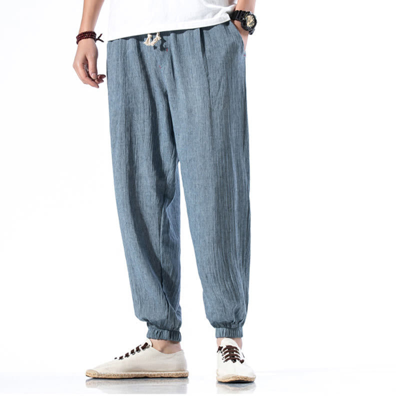 Nimara Ritual Casual Solid Color Drawstring Linen Men's Pants With Pockets