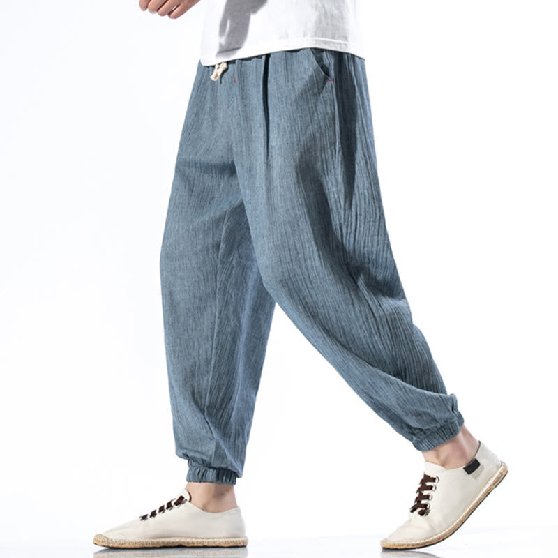 Nimara Ritual Casual Solid Color Drawstring Linen Men's Pants With Pockets