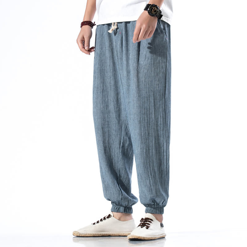 Nimara Ritual Casual Solid Color Drawstring Linen Men's Pants With Pockets